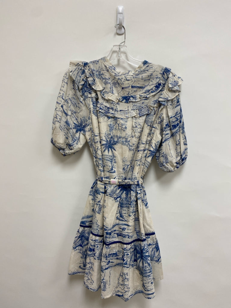 NWT Umgee Size L Cream Blue Landscape Puff Sleeve Ladies Dress