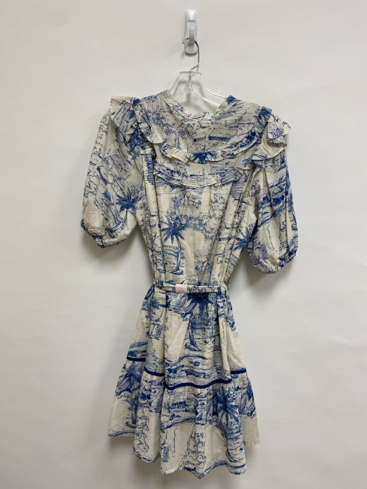 NWT Umgee Size L Cream Blue Landscape Puff Sleeve Ladies Dress