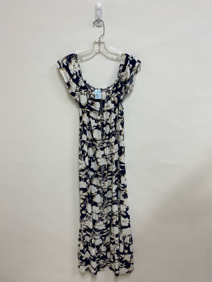 NWT LOFT Size MP Navy White/Tan Flowers Sleeveless Petite Dress