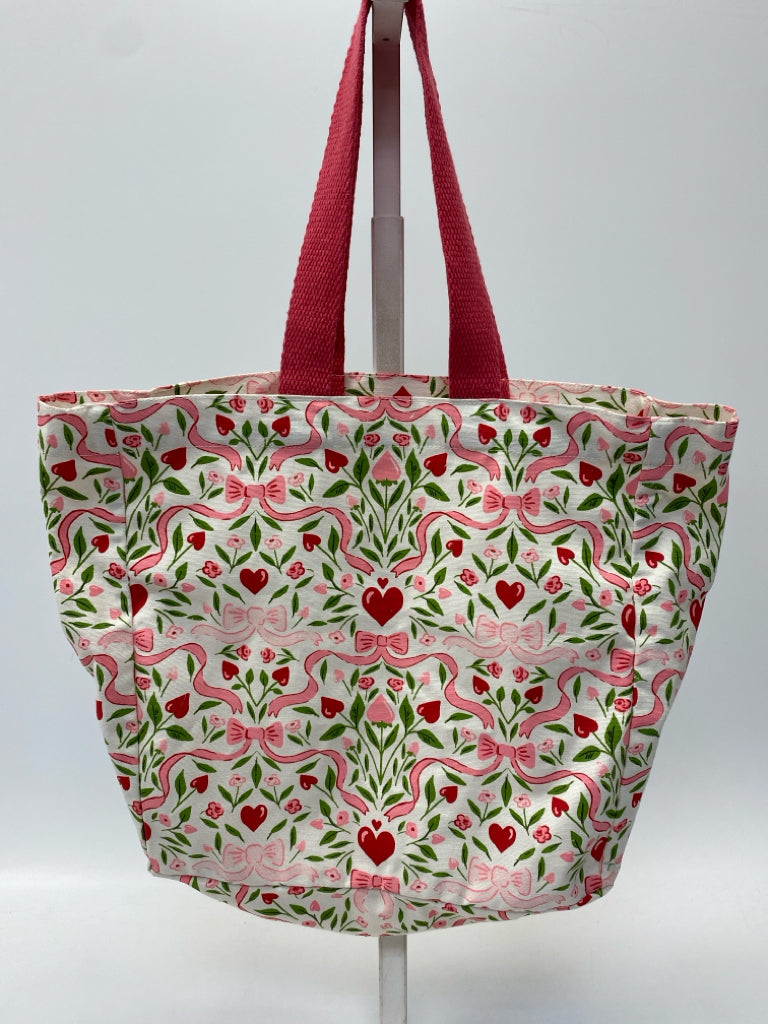 White/Pink Green/Red Hearts/flowers Fabric Tote Bag