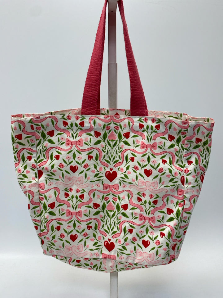 White/Pink Green/Red Hearts/flowers Fabric Tote Bag