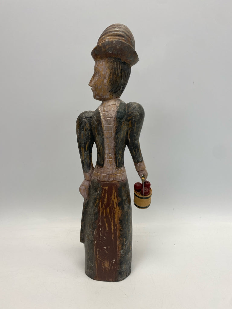 Green/Cream Brown/Gold Carved Wood Figurine