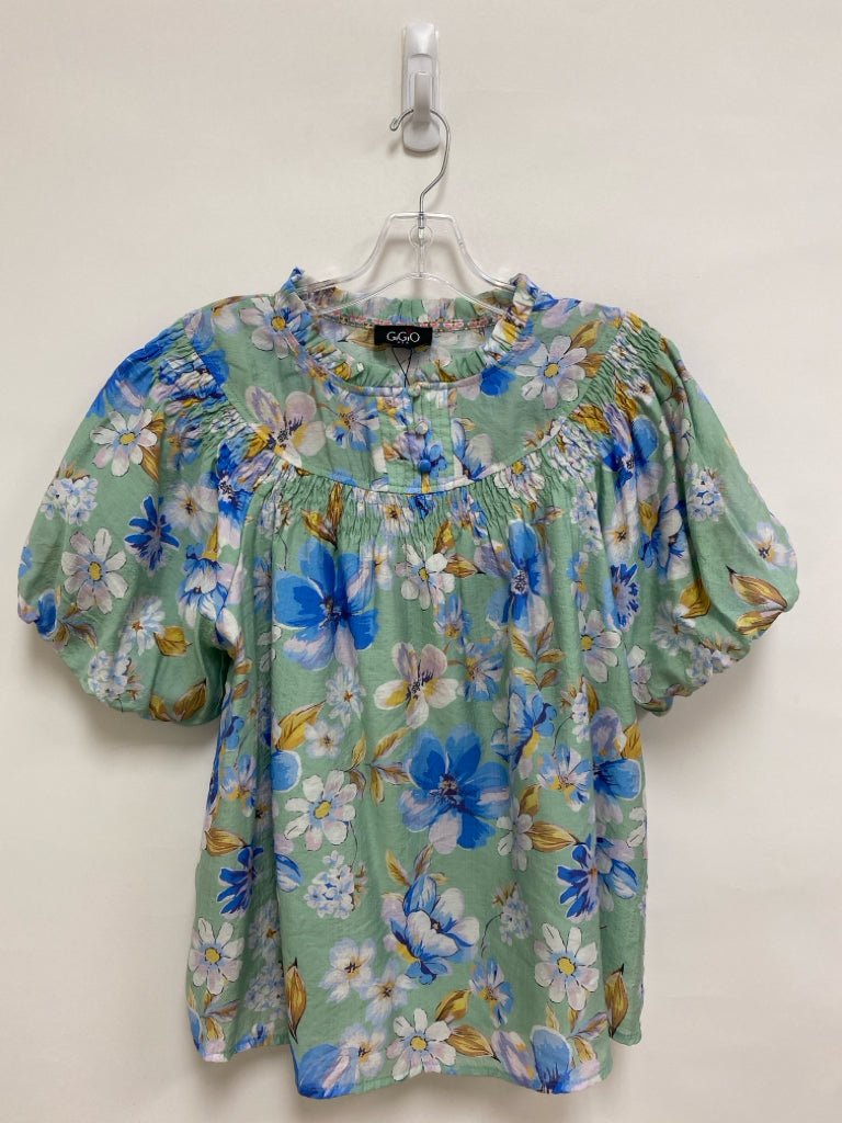 NWT GiGiO Size L Seafoam/White Blue/Yellow Floral Puff Sleeve Ladies Top