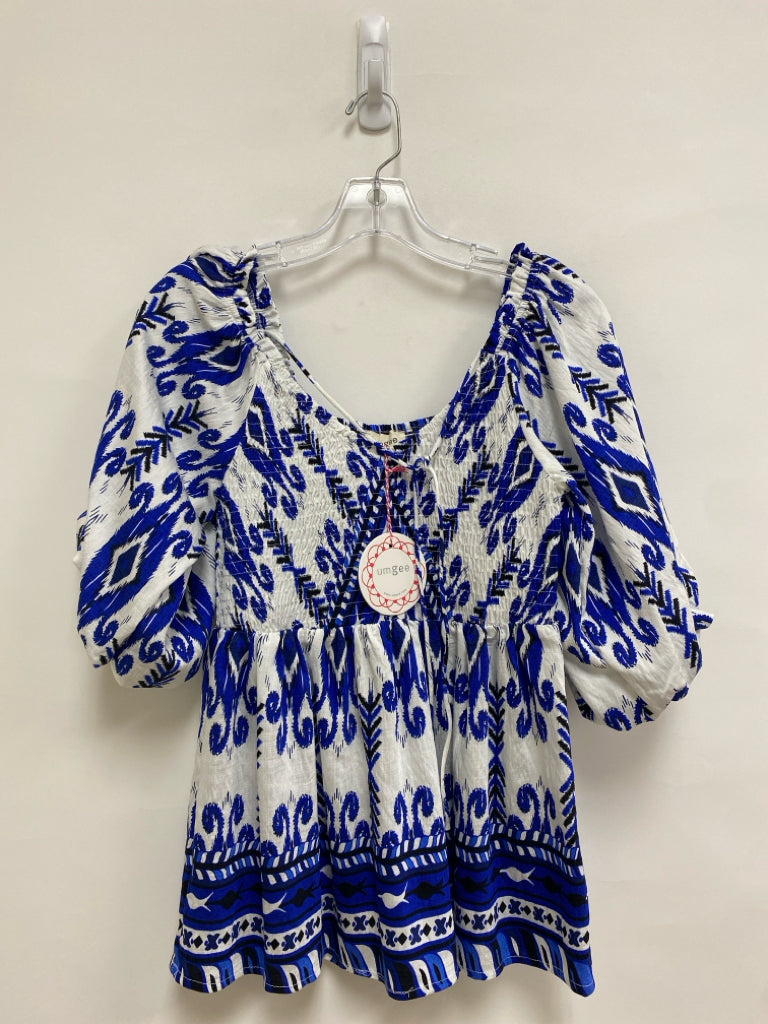 NWT Umgee Size L White Blue/Black Puff Sleeve Ladies Top