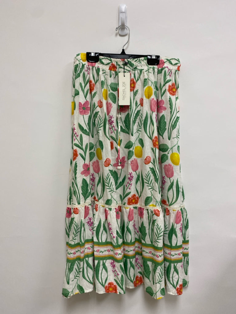 NWT RACHEL ZOE Size L White Multi Color Flowers Linen Blend Ladies Skirt