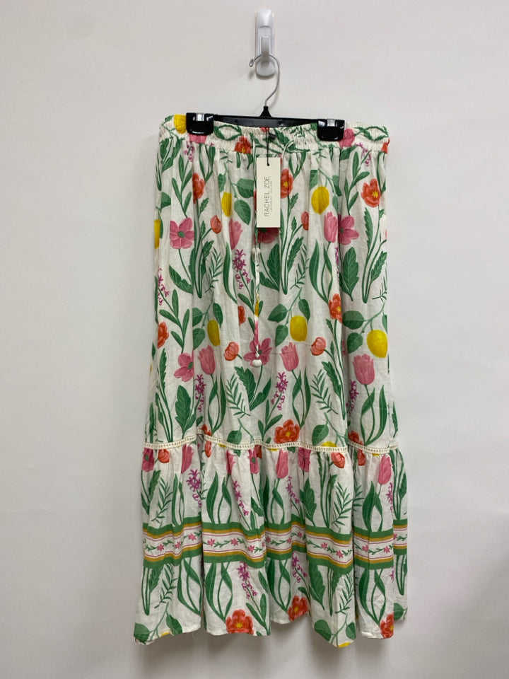 NWT RACHEL ZOE Size L White Multi Color Flowers Linen Blend Ladies Skirt