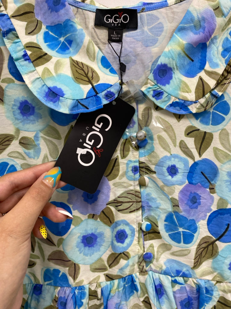 NWT GiGiO Size L Cream/Blue Taupe Floral Puff Sleeve Ladies Top