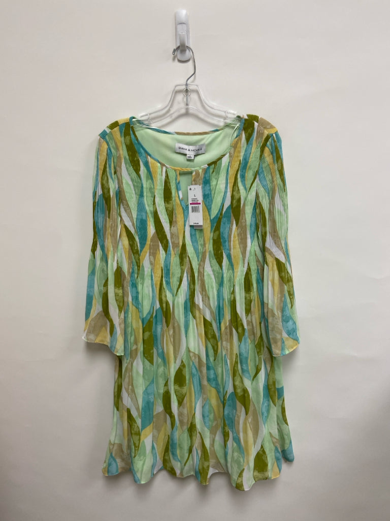 NWT EMMA &amp; MICHELE Size L Blue/Green Yellow/White Leaves Ladies Dress