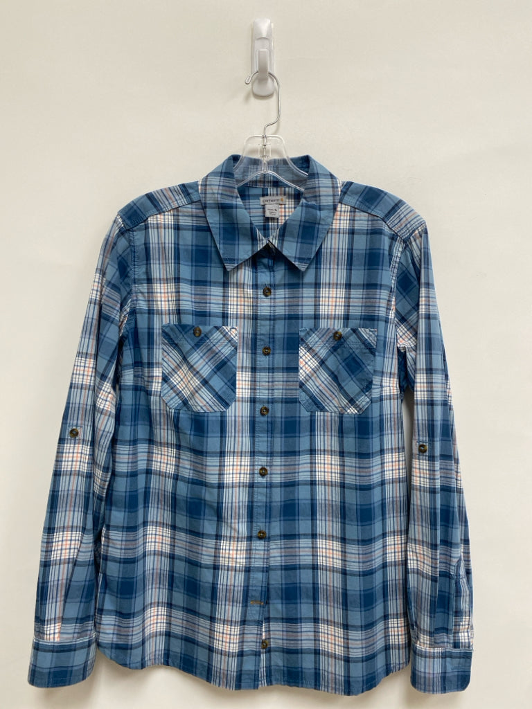Carhartt Size M Blue/White Coral Plaid Long Sleeve Ladies Top