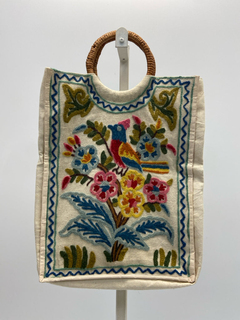 Size Beige Multi-Color Embroidered Tote Bag