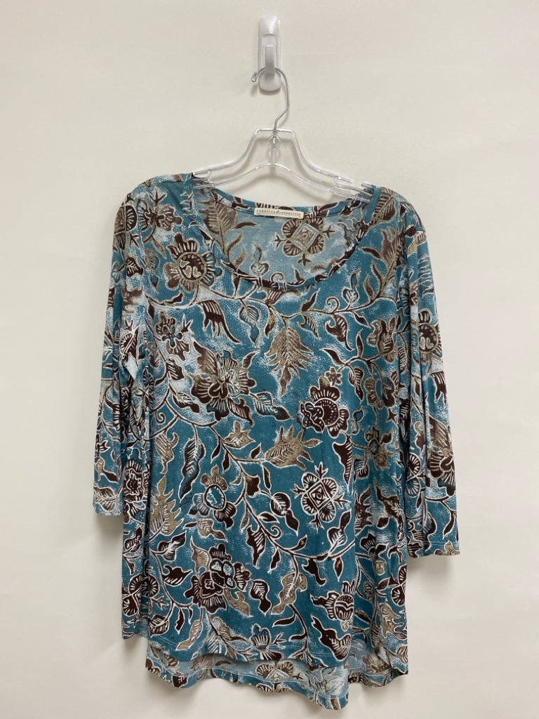 Peruvian Conn. Size M Blue/White Brown/Tan Floral 3/4 Sleeve Ladies Top