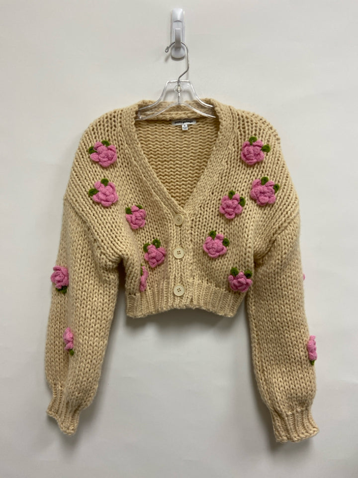 Size S Tan Pink/Green Applique Cardigan Ladies Sweater