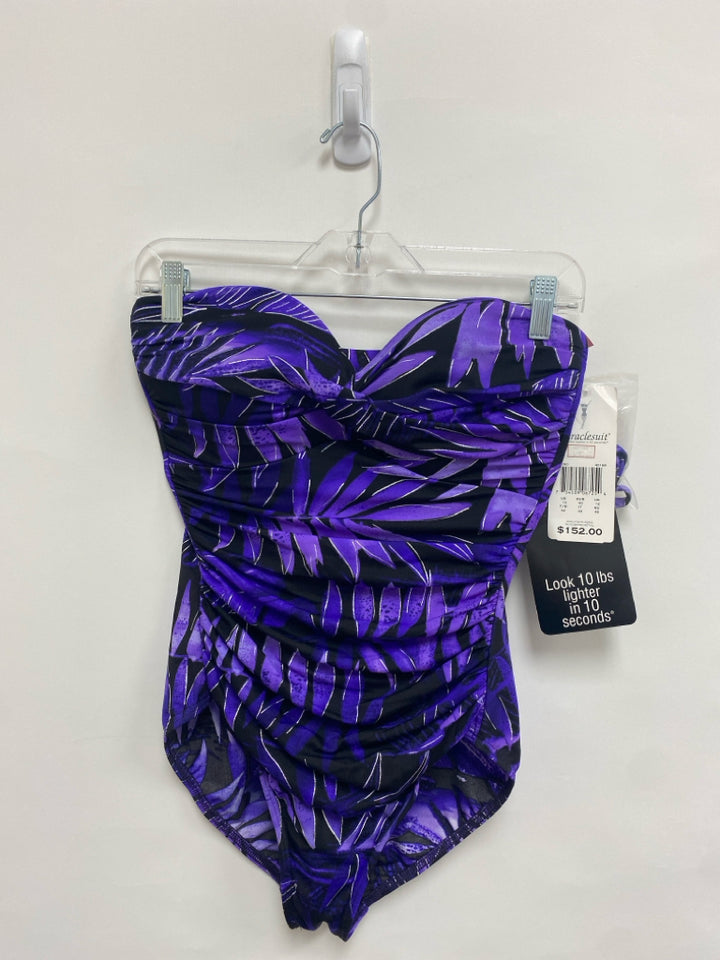 NWT Miraclesuit Size 10 Black Purple Leaves Ladies Swimwear