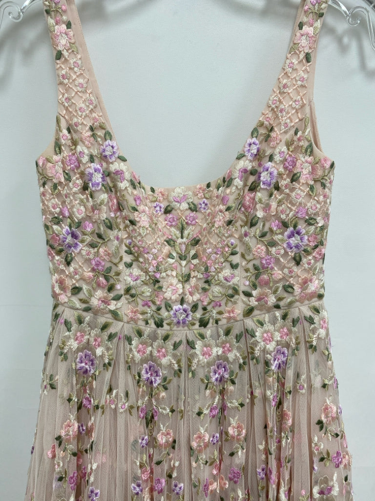 Needle &amp; Thread Size 6 Pink/Green Lavender/Cream Embroidered Ladies Dress