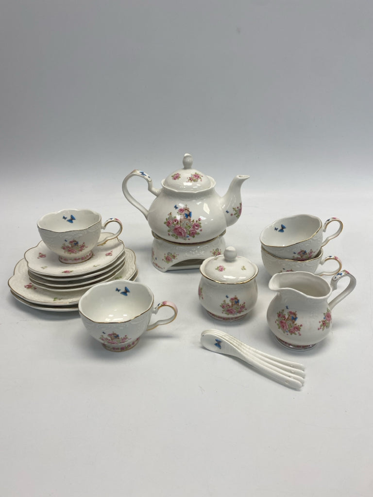 White Pink/Blue Butterflies/Flowers Tea Set