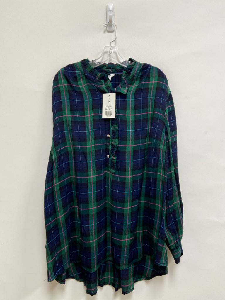 NWT Crown &amp; Ivy Size 3X Navy/Green Pink/Blue Plaid Long Sleeve Plus Size Top