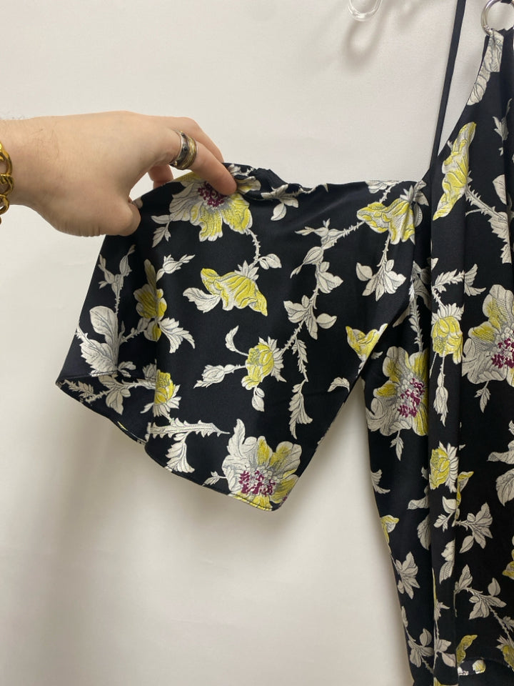 Cinq a Sept Size L Black Yellow/Cream Floral Cold Shoulder Silk Ladies Top