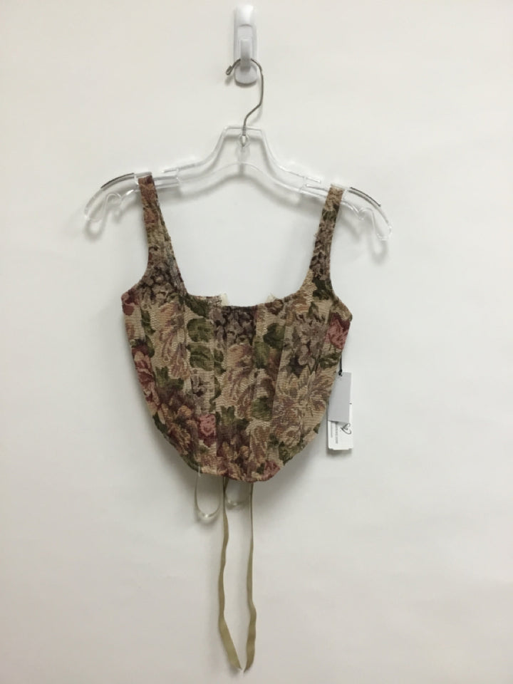 NWT WINDSOR Size S Tan Brown/Green Flowers Cropped Ladies Top