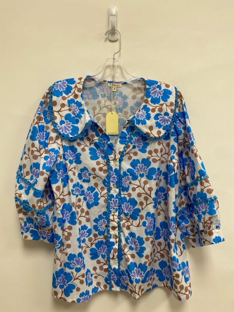 NWT Jodifl Size L White/Blue Lavender/Tan Floral Ladies Top