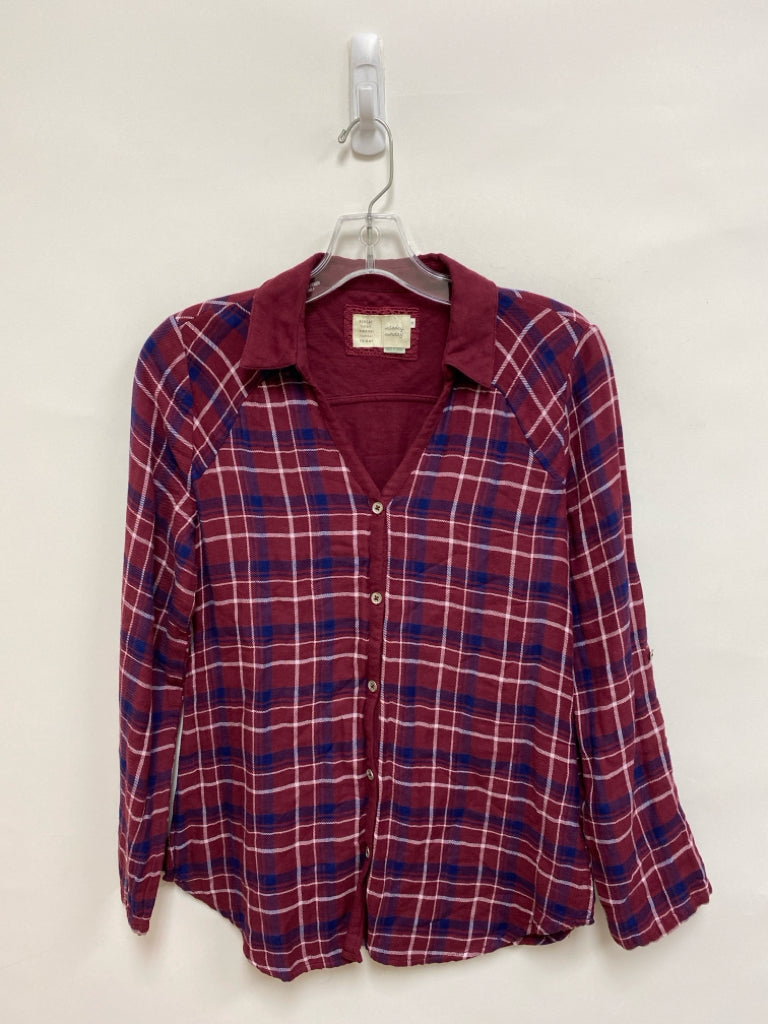 saturday sunday Size XS Burgundy White/Navy Plaid Long Sleeve Ladies Top