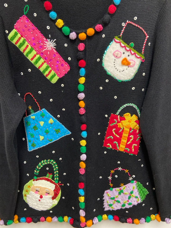 Berek Size L Black Multi Color Christmas Cardigan Ladies Sweater