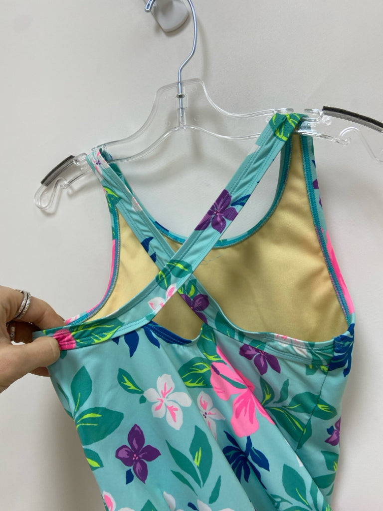 Lands End SIZE 12 Aqua/Pink Purple/Green Flowers Girl&