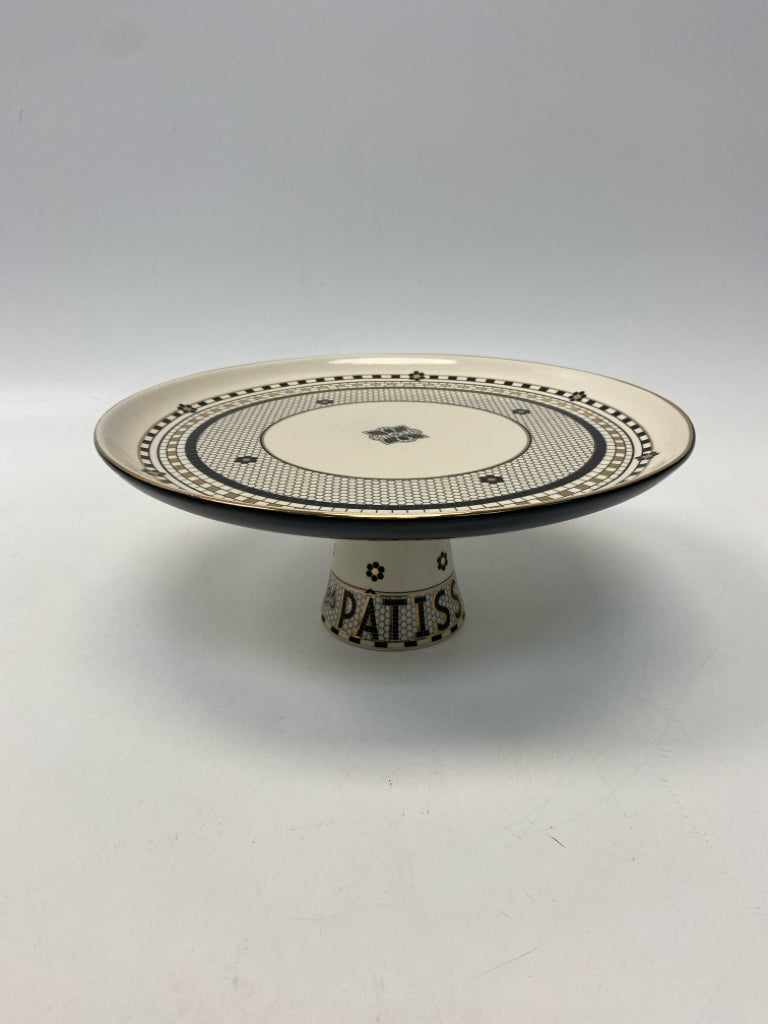Anthropologie Cream Black/Gold Checkered Cake Plate/Stand