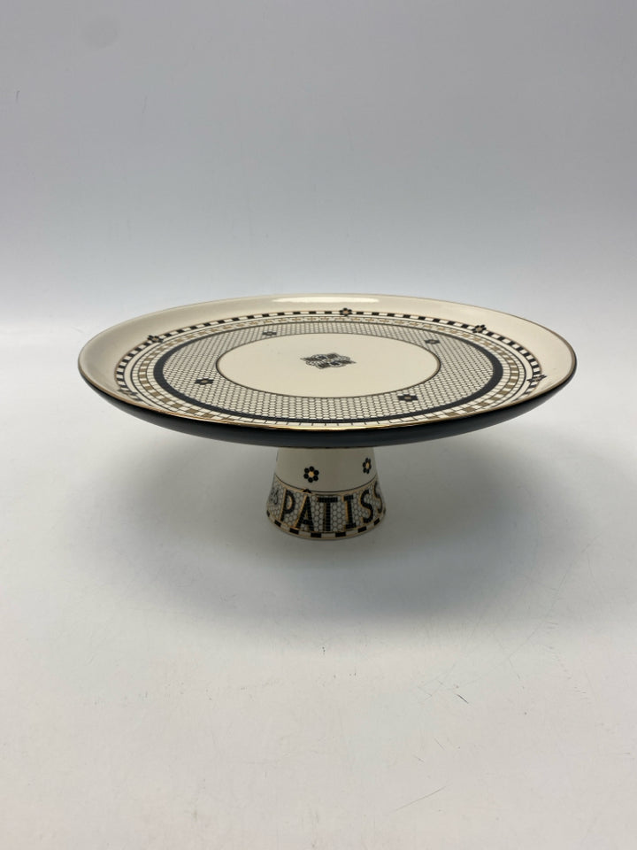 Anthropologie Cream Black/Gold Checkered Cake Plate/Stand