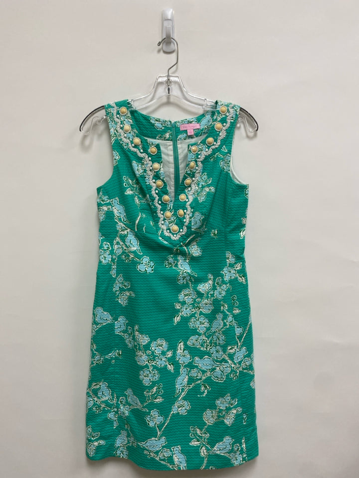 LILLY PULITZER Size 2 Teal Green Blue/White Beaded Sleeveless Ladies Dress
