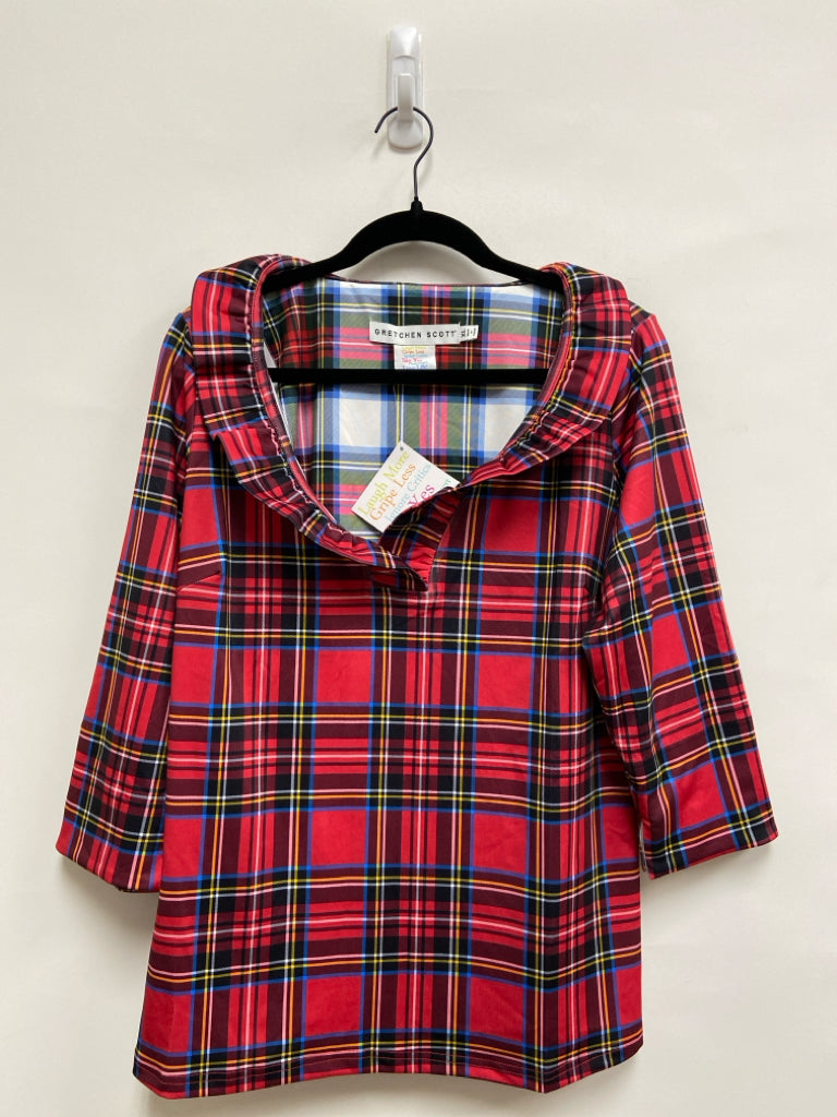 NWT Gretchen Scott Size XL Red Multi Color Plaid 3/4 Sleeve Ladies Top