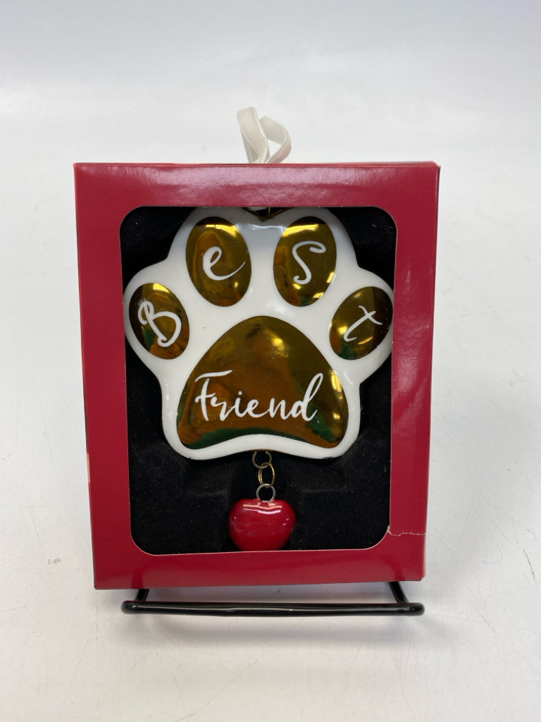 NEW/BOX White Gold Paw Prints Ornaments