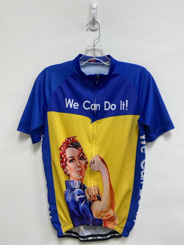 Size M Blue/Yellow Coral/White Words Zip Down Athletic Top