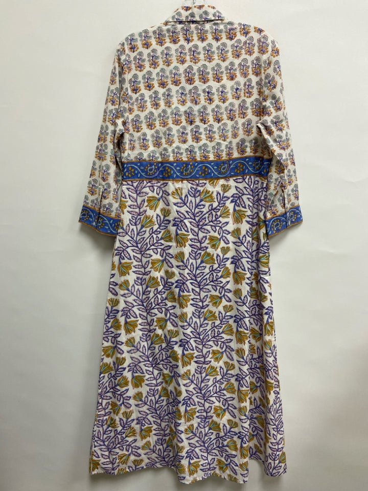 Oliphant Size M White Tan/blue Floral Ladies Dress