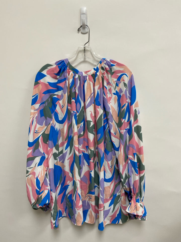 NWT entro Size XL White/Pink Blue/Gray Abstract Puff Sleeve Ladies Top