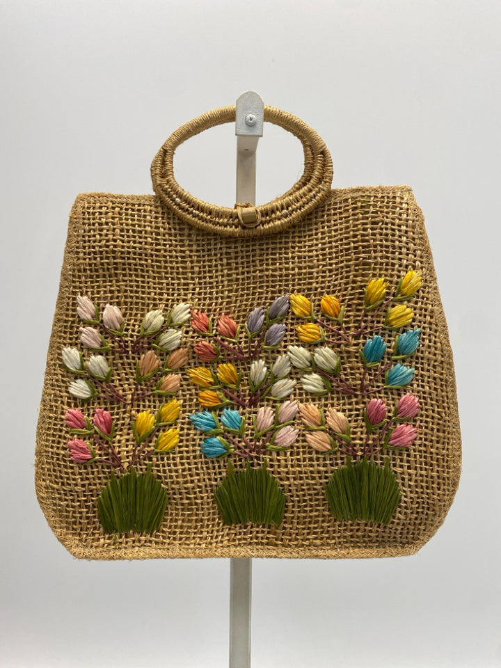 Natural Multi-Color Embroidered Flowers Handbag