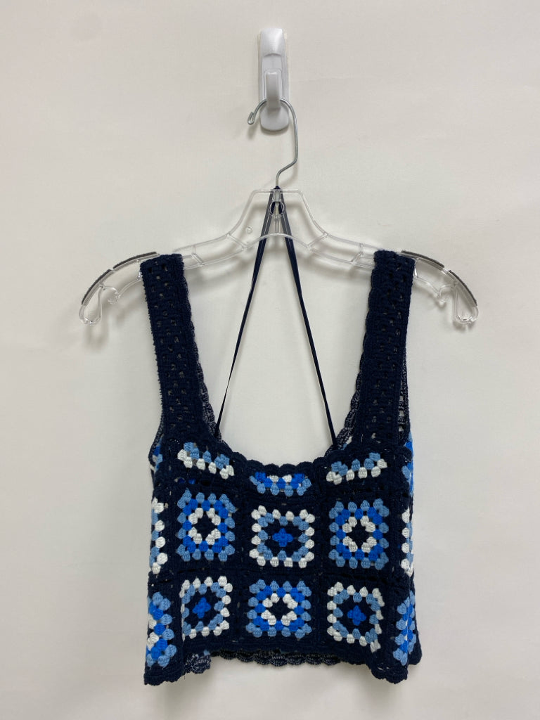 NWT SINCERELY JULES Size L Navy Blue/White Sleeveless Crochet Ladies Top