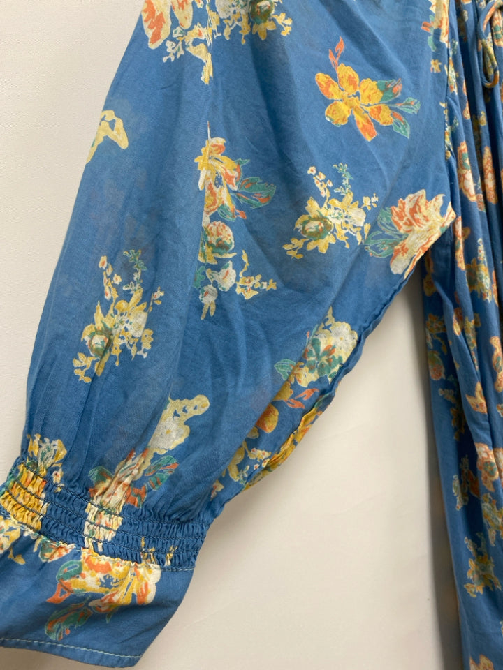 Free People Size XS Blue Yellow/Cream Flowers Puff Sleeve Ladies Dress