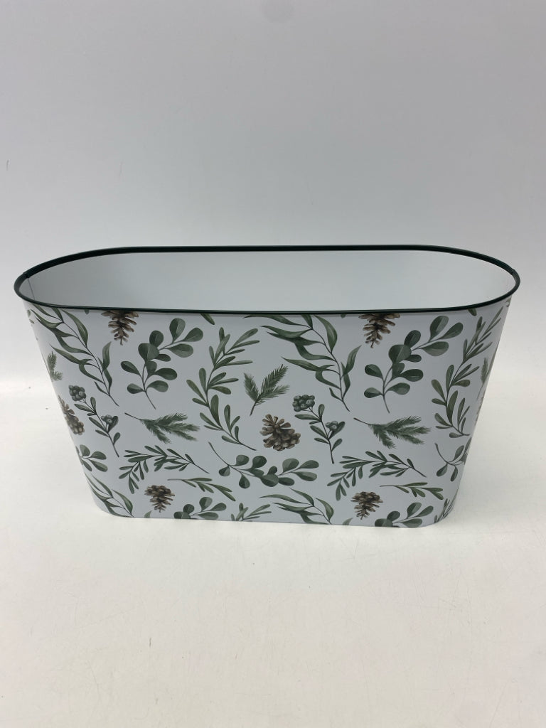 White Green Leaves Metal Bucket