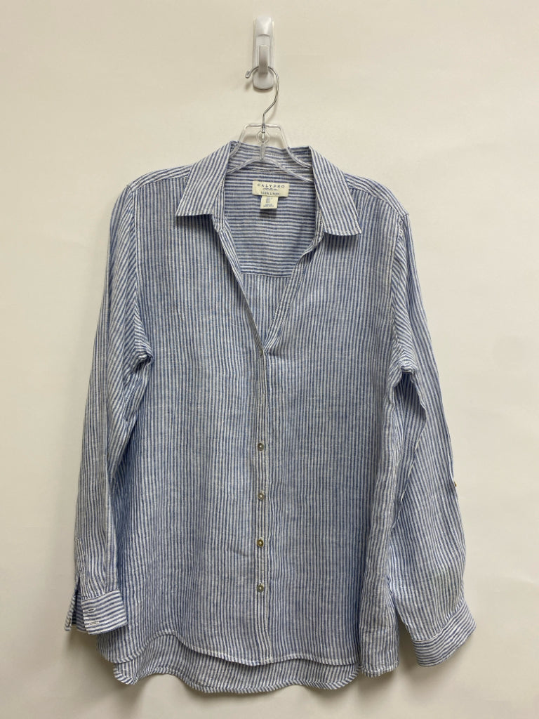 Size L White/Blue Stripes Button Up Linen Ladies Top