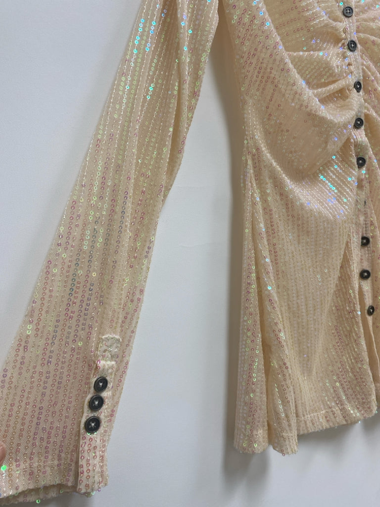 NWT Free People Size L Cream Iridescent Sequins Button Up Ladies Top