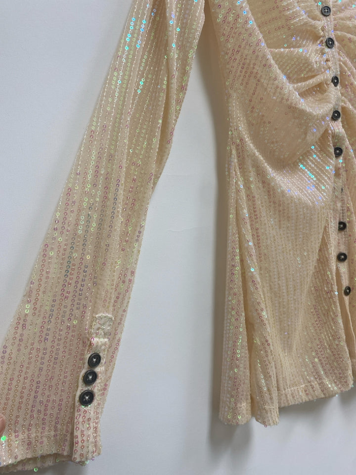 NWT Free People Size L Cream Iridescent Sequins Button Up Ladies Top