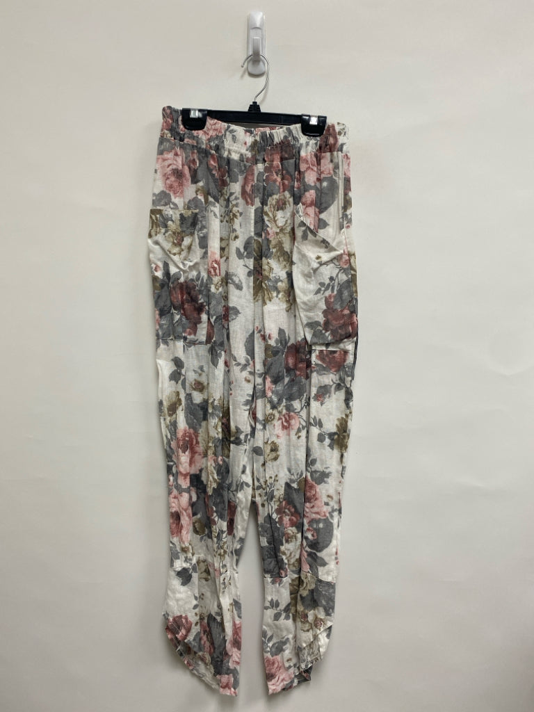 Size S White/Gray Pink/Taupe Floral Pull-on Linen Ladies Pants