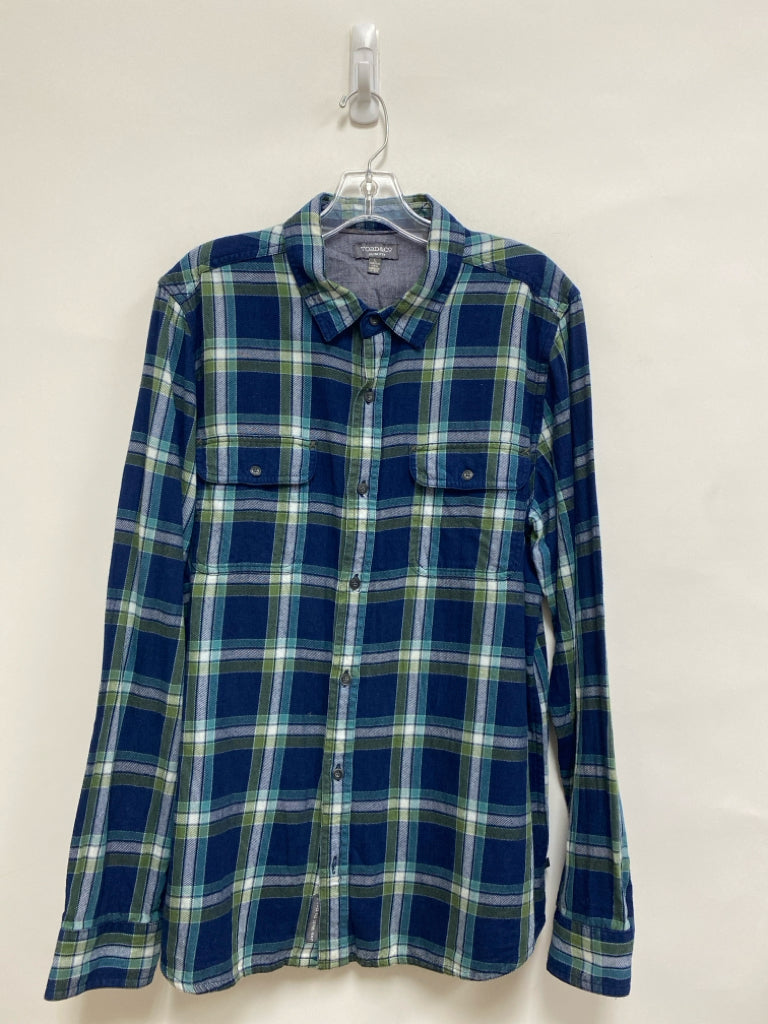 Toad &amp; Co. Size L Navy/Green Aqua/White Plaid Button Up Men&