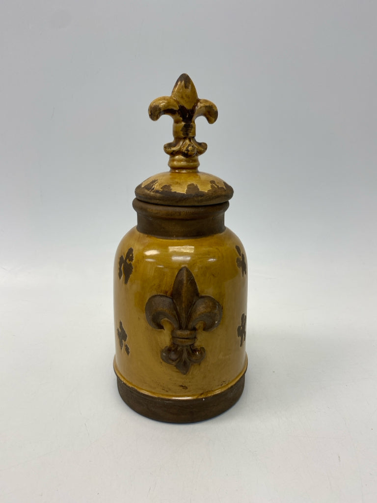 Gold Brown Fleur de lis Ceramic Jar