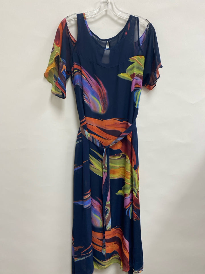 ROBBIE BEE Size 10 Navy Green/Orange Cold Shoulder Ladies Dress