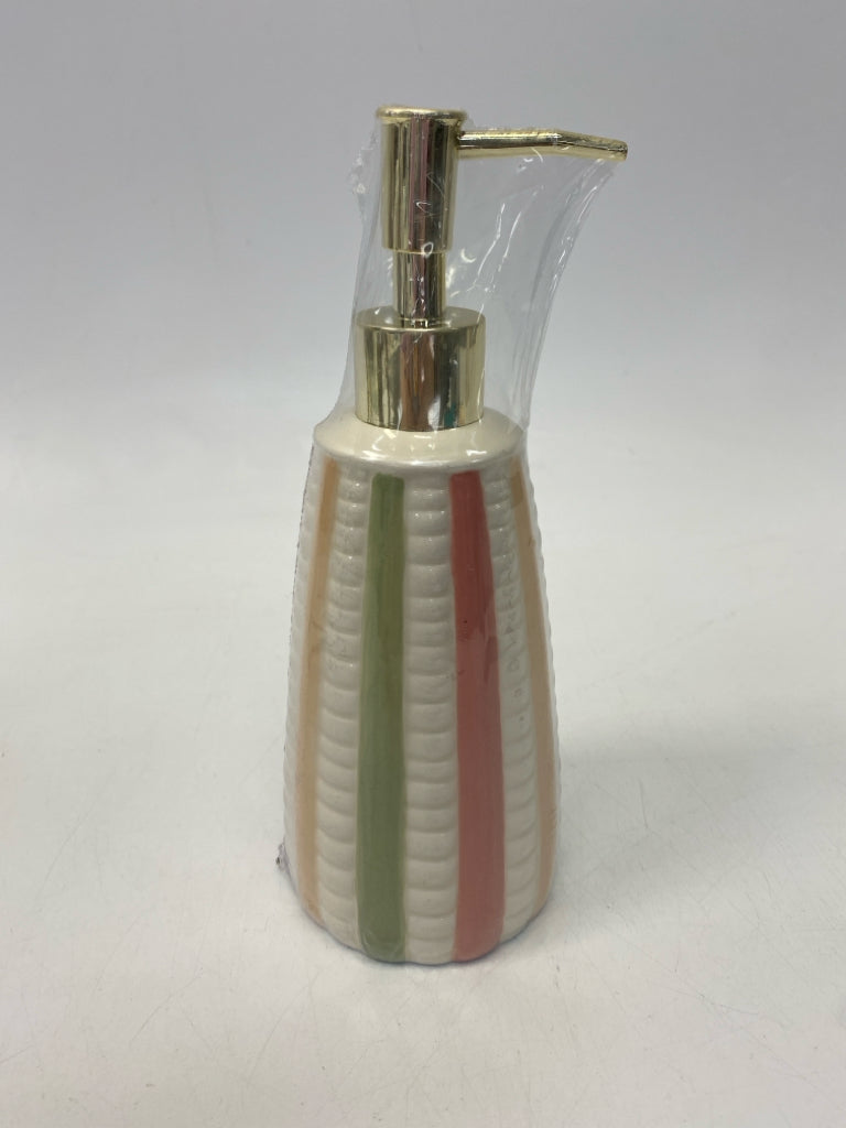 Cream/Green Pink Striped Cement Soap/Lotion Dispenser