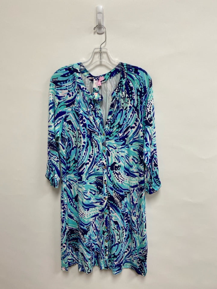LILLY PULITZER Size L Navy/Blue Aqua/Pink V Neck Ladies Dress