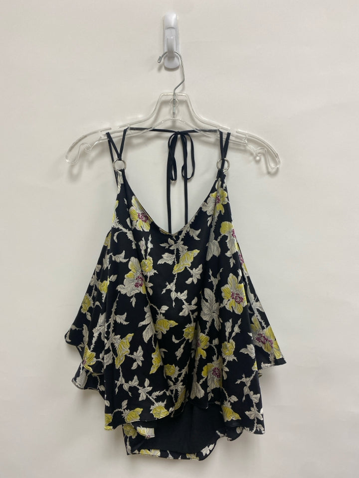 Cinq a Sept Size L Black Yellow/Cream Floral Cold Shoulder Silk Ladies Top