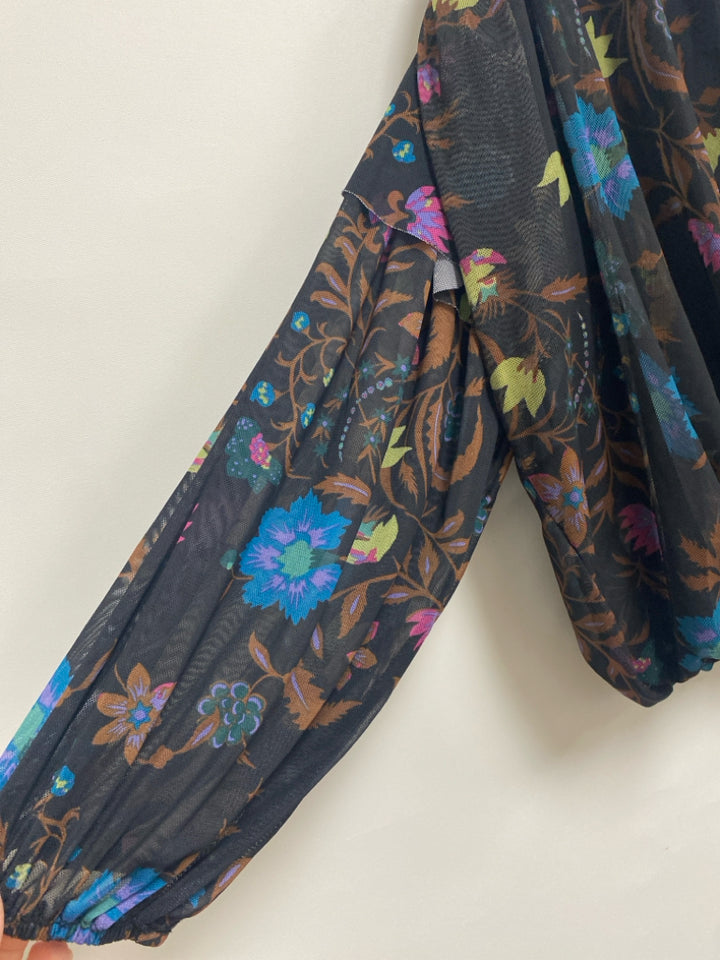 Free People Size XS Black/Blue Brown/Green Floral Cropped Sheer Ladies Top