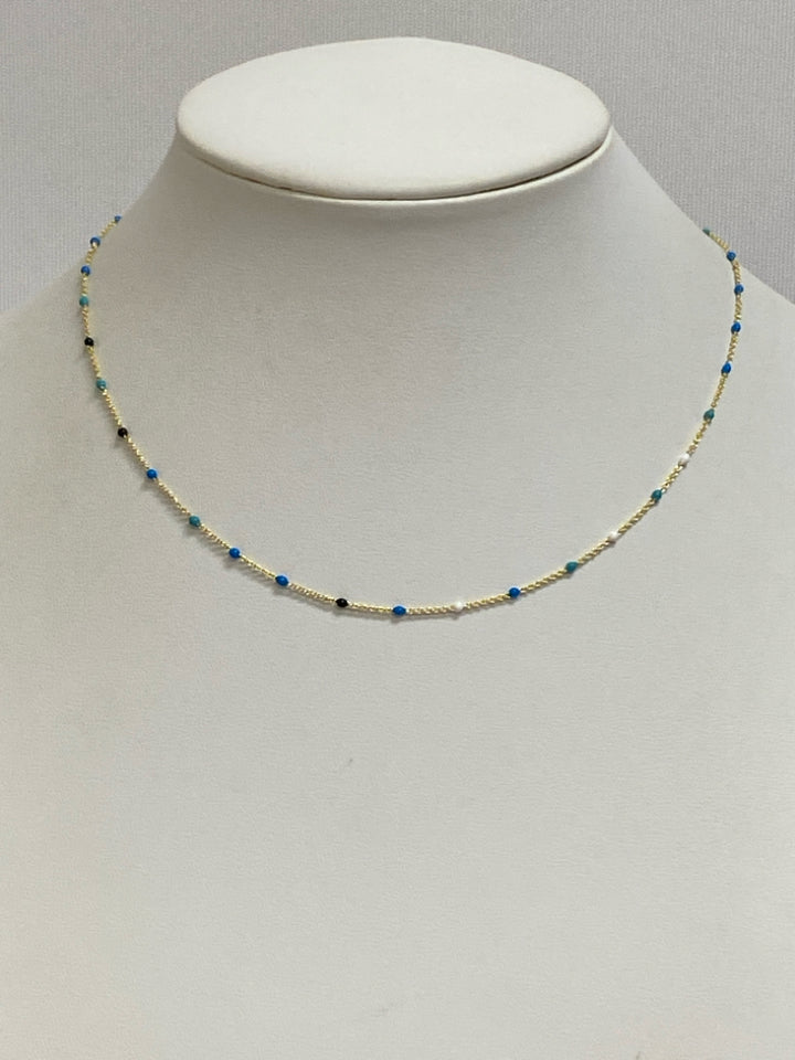 Gold Color Blue Beaded Necklace